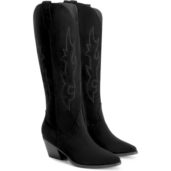 Women's Black Western Cowgirl Boots Knee High Pointed Toe Chunky Block Heel - Picture 5 of 8